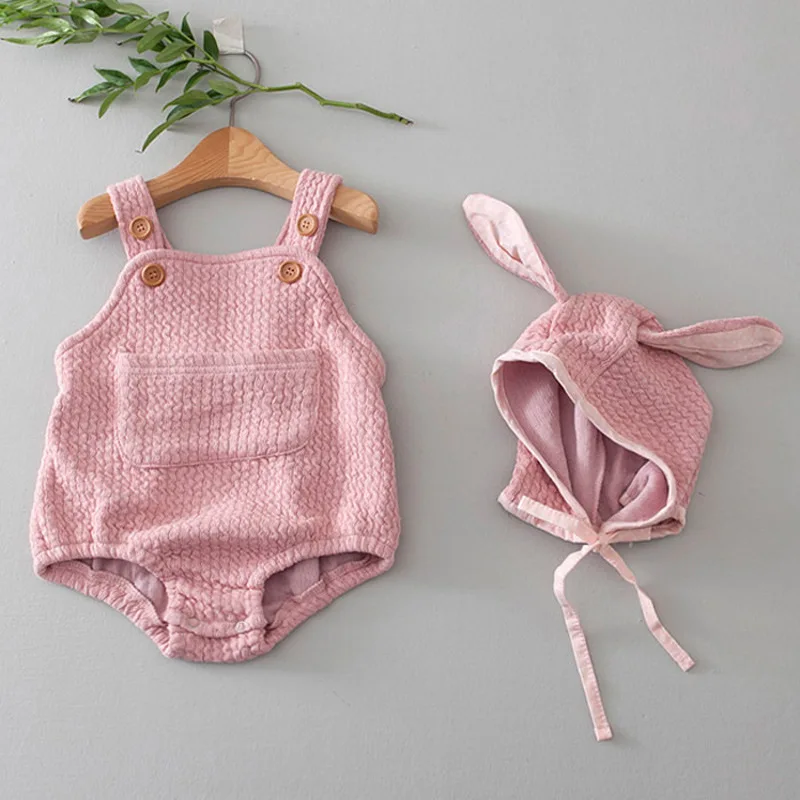 2025 Autumn New Baby Sleeveless Bodysuit Solid Infant Girl Cute Pocket Jumpsuit + Rabbit Ears Hat Newborn Cotton Clothes 0-24M