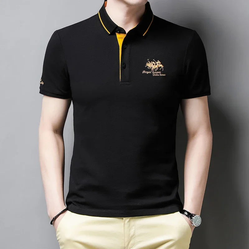 Men\'s Brand Embroidered Cotton Polo Shirt, Men\'s Korean High-end Luxury Top, 2024 Summer Casual Lapel Short Sleeved T-shirt