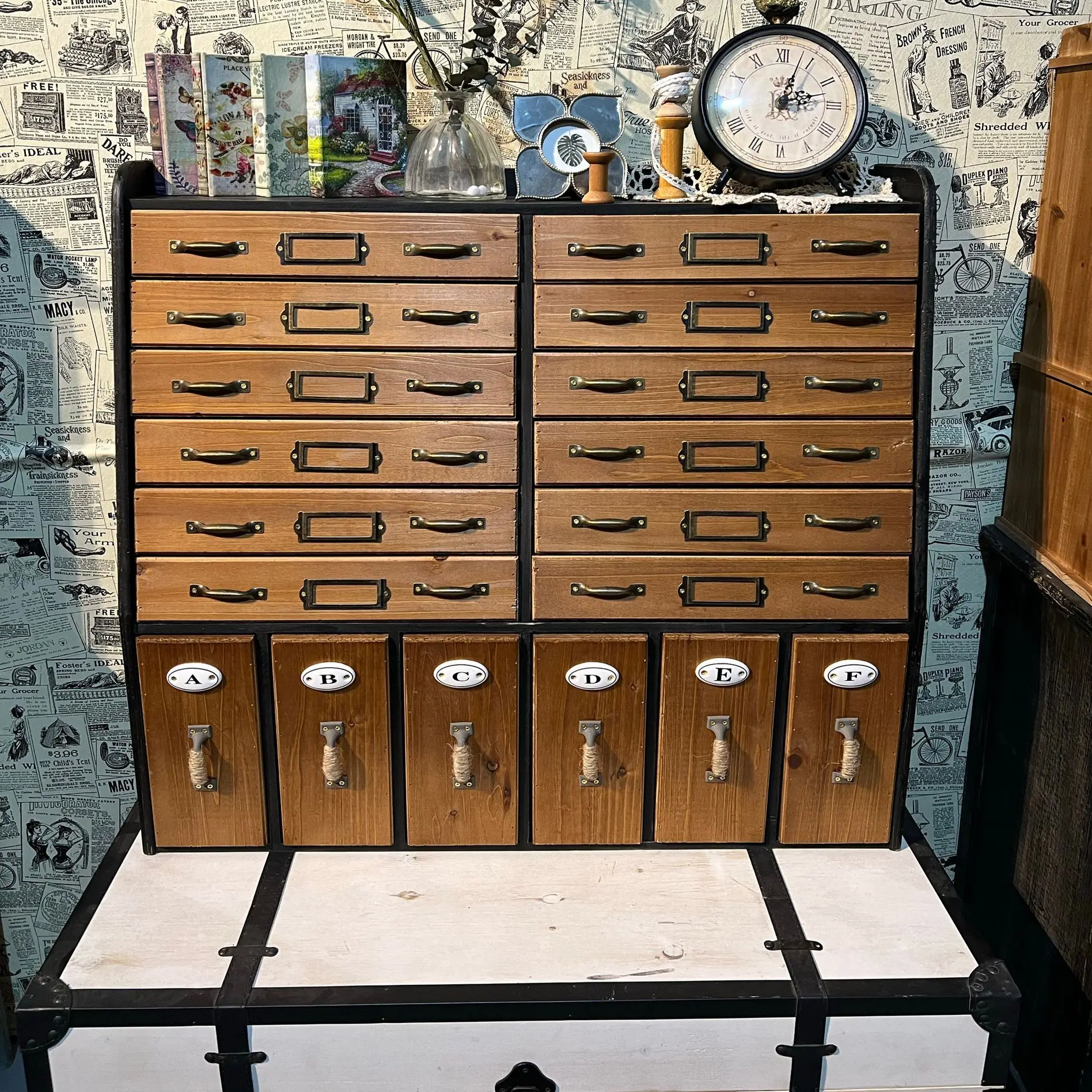 American Retro Country Wood Trapezoid Storage Cabinet with Many Drawers, Tabletop and Wall,Black and Brown