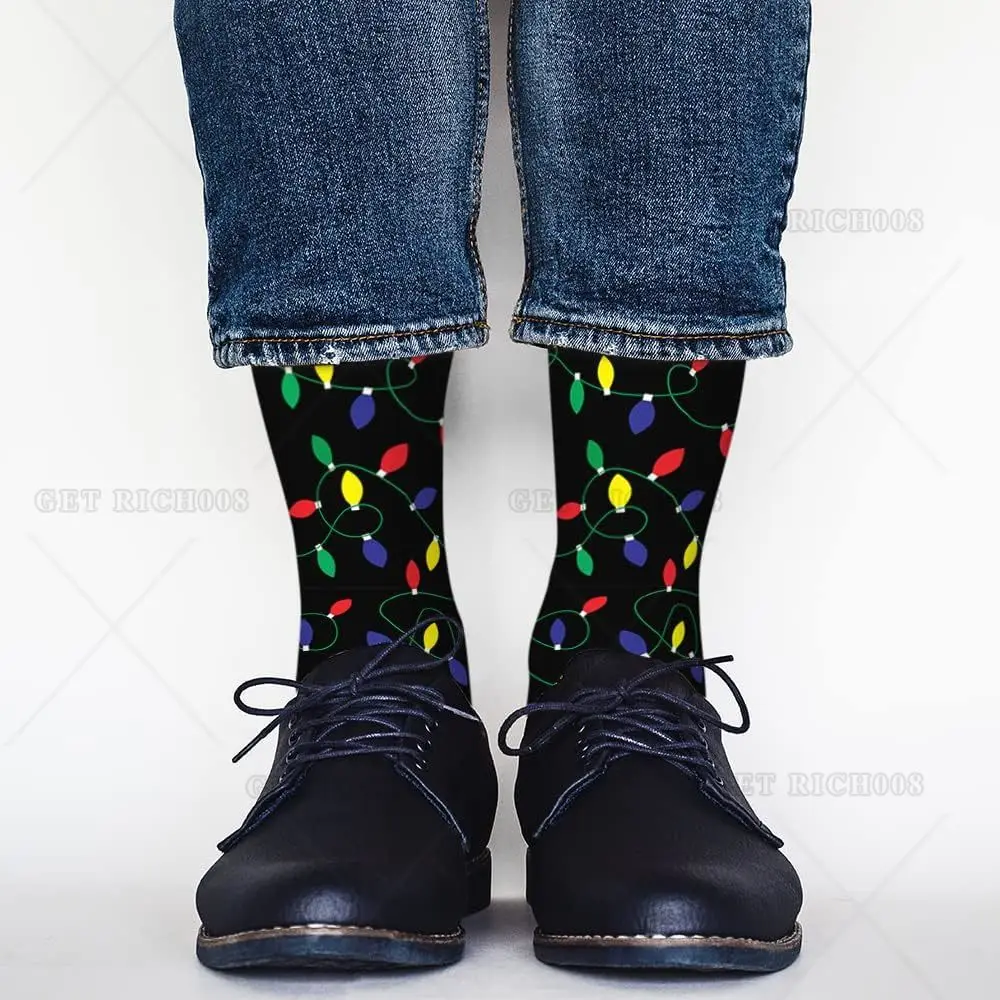 Leuchtende Glühbirnengirlande, lustige Socken, Neuheit, lässige Crew-Socken, kontrastfarbenes Design für Damen und Herren, Geschenk