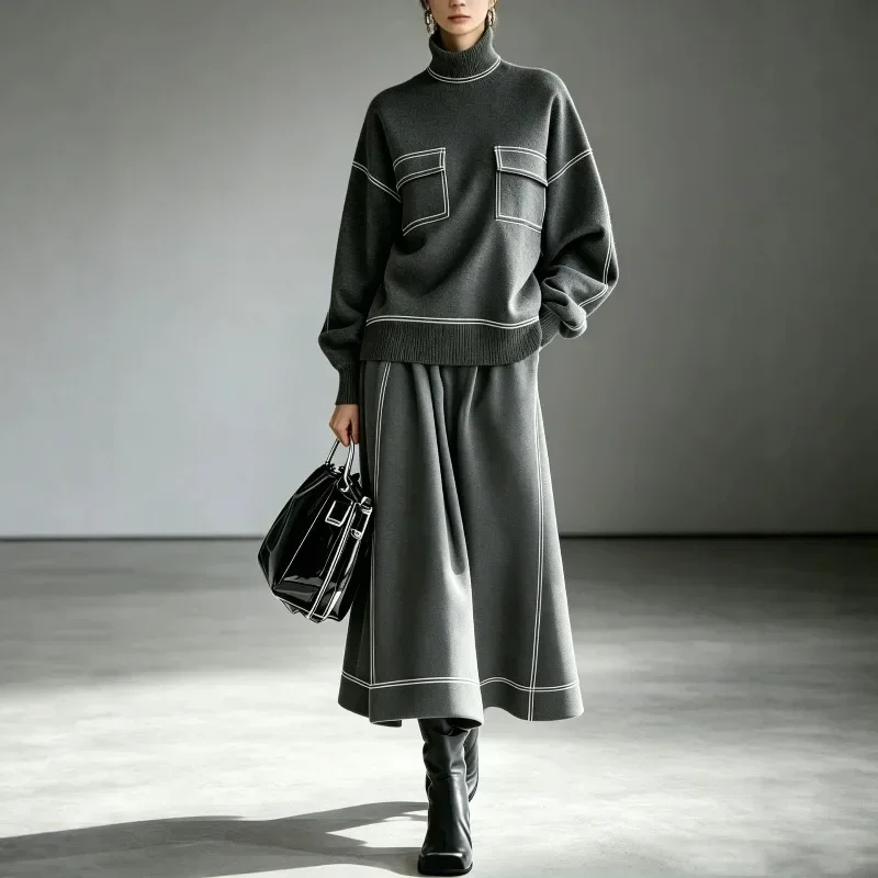 New Arrival 2026 Knit Two Piece Set High Neck Contrast Color Loose Long Dress Women Office Daily Wear Elegant