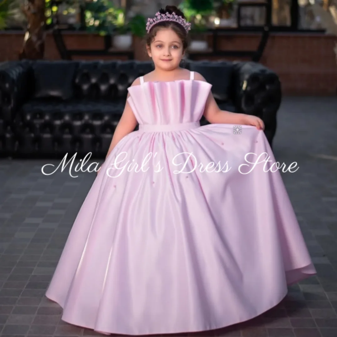 Pink Satin Flower Girl Dresses For Wedding Kids Spaghetti Strap Pearls Princess Pageant Dress A Line Custom Party Ball Gown