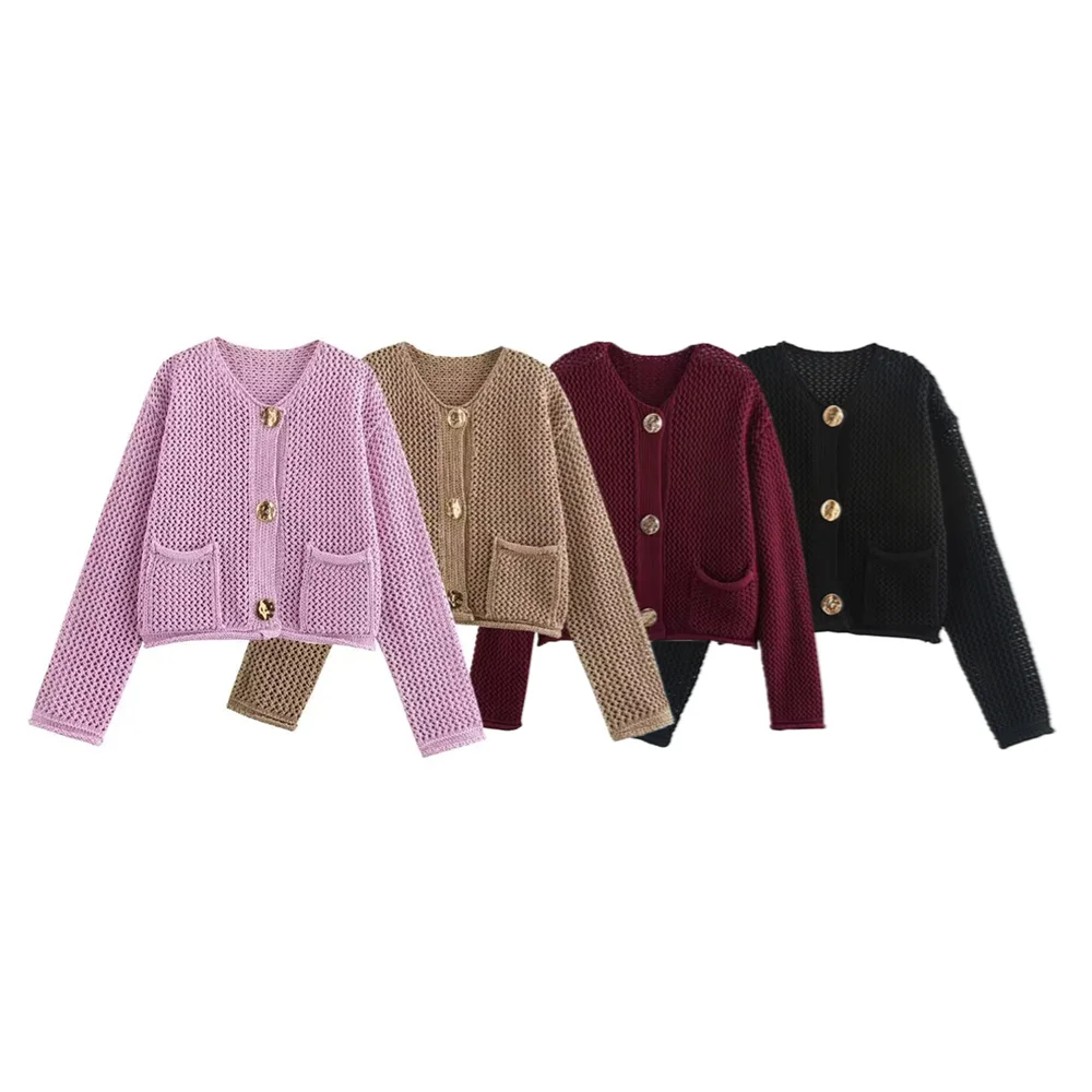 PB&ZA2024 Autumn New Women\'s Fashion Versatile Solid Color Buckle Coarse Needle Long Sleeve Knitted Coat