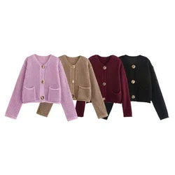 PB&ZA2024 Autumn New Women's Fashion Versatile Solid Color Buckle Coarse Needle Long Sleeve Knitted Coat