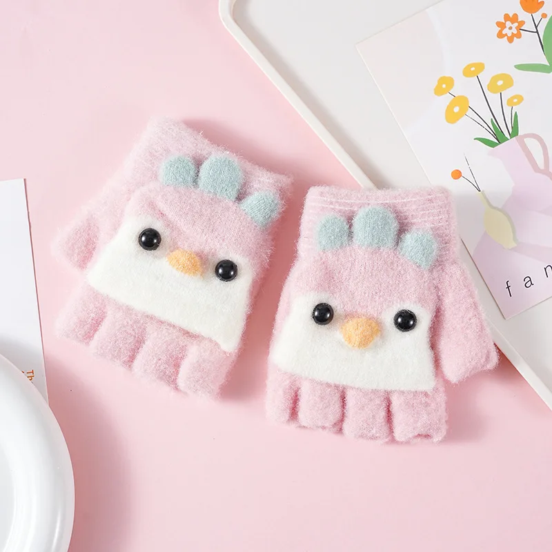 Winter Thick Children's Cartoon Rabbit Half Finger Flip Gloves for Boys and Girls Cute Children's Open Finger Knitted Gloves