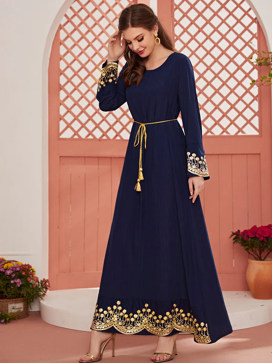 Autumn Morocco Muslim Dress Women Lace-up Abaya Kaftans Lace A-line Dresses Woman Dubai Turkey Islam Long Robe Femme Vestidos