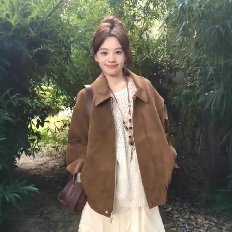 

American style retro jacket Women's suede lapel leisure coat tops autumn new model loose brown jacket elegance casual style