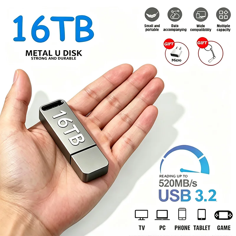 New 16TB Pen Drive USB 3.2 Flash Drive High-Speed Pen Drive 8TB 2TB Metal Memory Stick For PC Storage Devices Car Music Adapter
