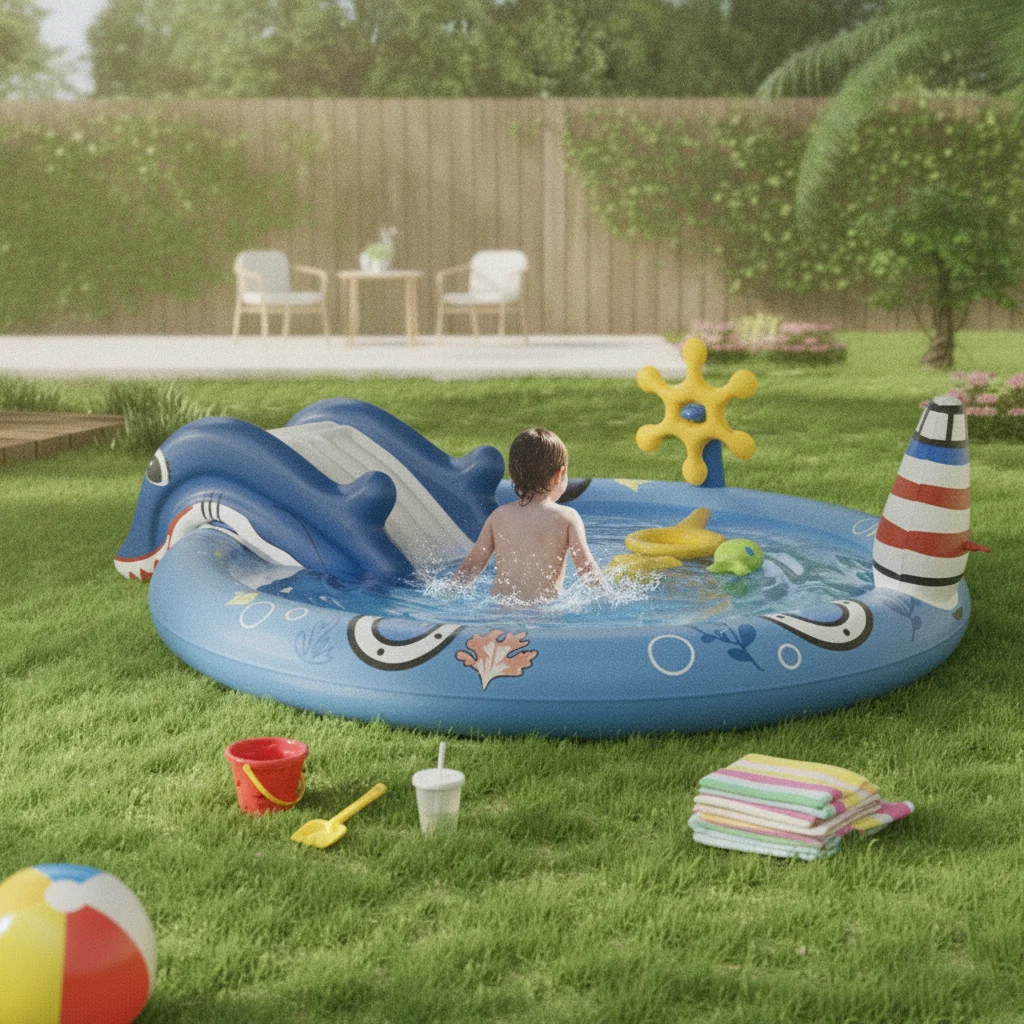 Inflatable Water Play Pool Marine-themed Dolphin Slide Starfish Spray Backyard Pool for Kids Summer Recreation