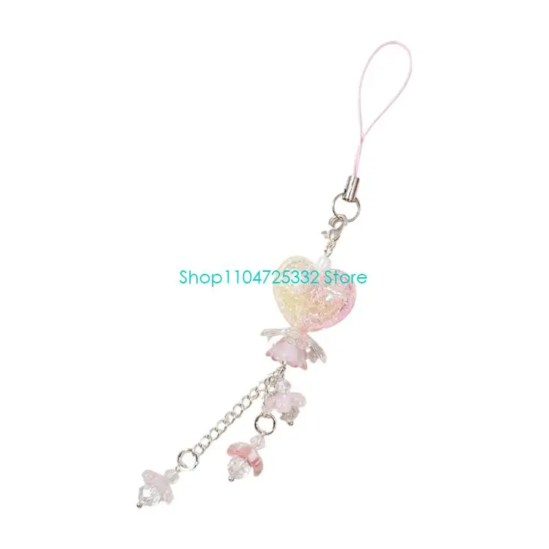 P5EA Shade Heart & Blossom Themed Strong Acrylic Mobile Strap with Keyring Elegant Swirled Flower Heart Charm for Phone