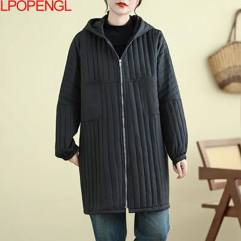 Women\'s 2024 Autumn And Winter New Thickened Hooded Mid-length Warm Long Sleeves Cotton Trench Temperament Versatile Loose Coat