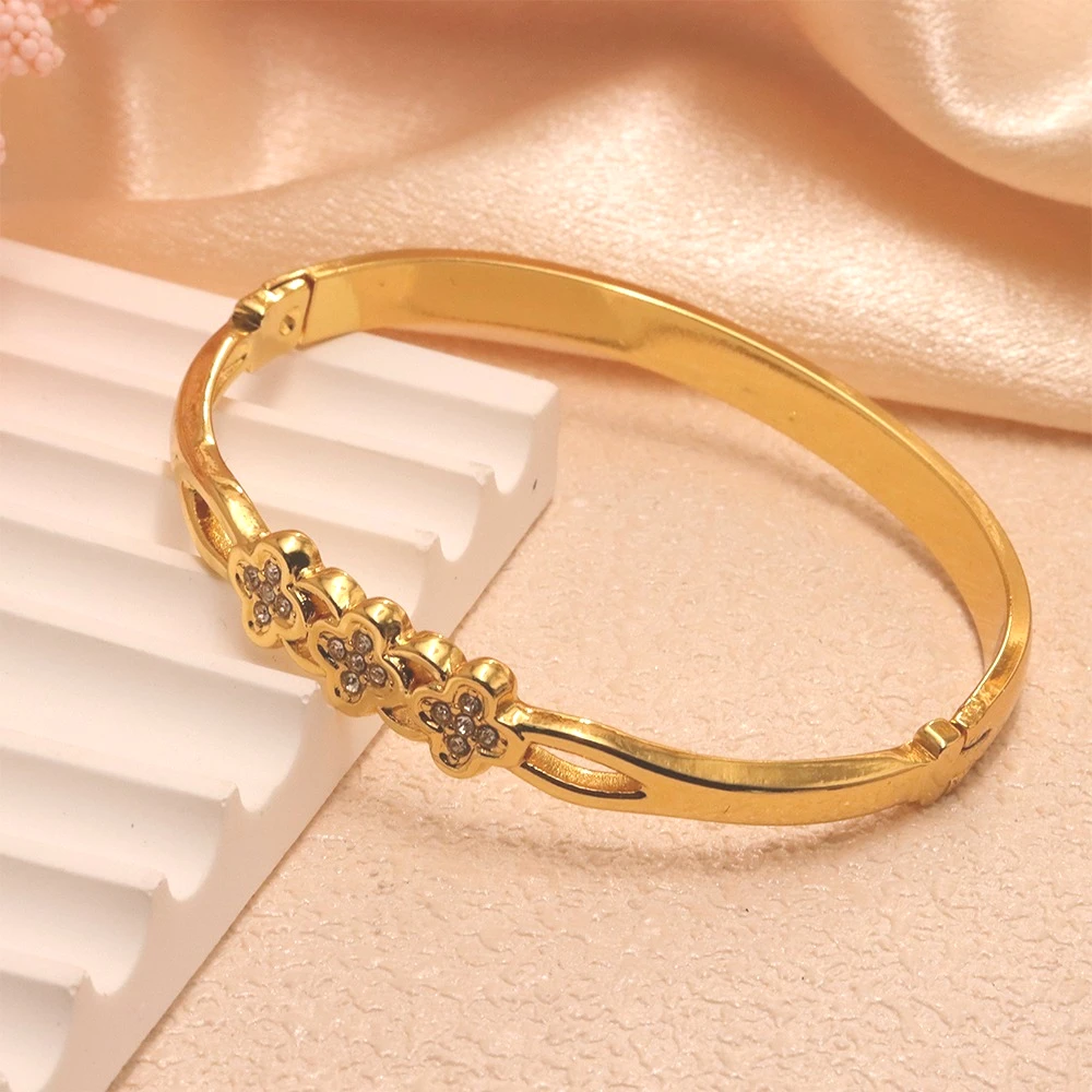 Brazaletes de Acero Inoxidable con Cierre a Presión para Mujer, Color Dorado, con Zirconia en Forma de Flor, Joyería de Moda, Accesorios, Regalo, Pulseras de Botón de 60 mm