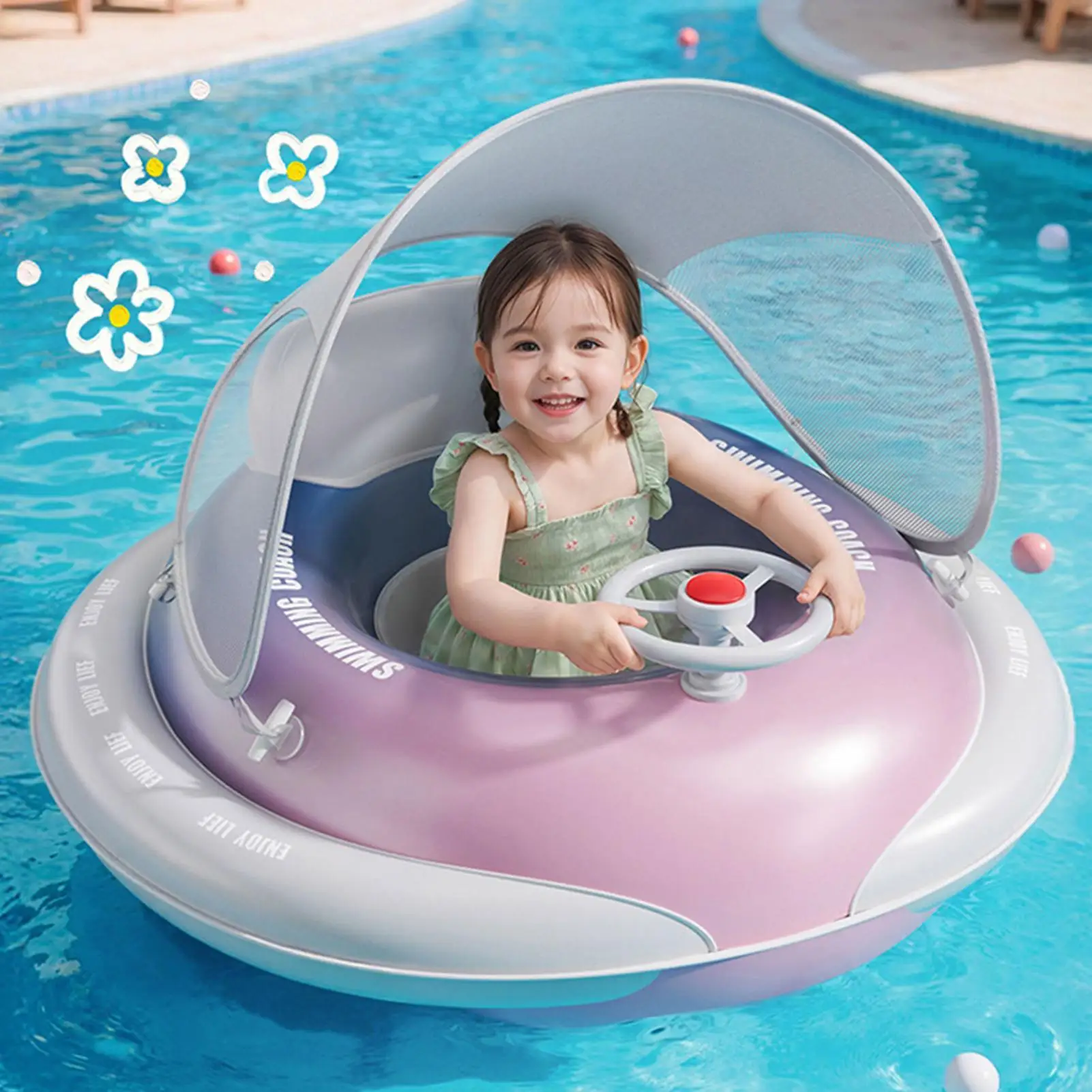 

Baby Pool Float with Canopy Inflatable Pool Floating with Shade Swimming Floating Seat Toys with Loud Trumpet for Toddler