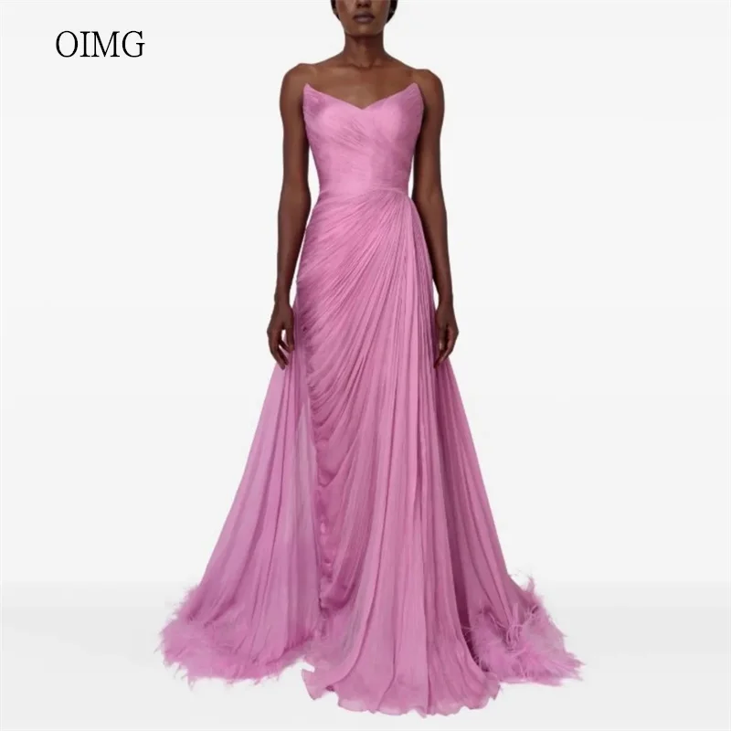 

OIMG Chic Strapless A Line Prom Gowns Backless Feather Tail Pleated Party Gown Floor Length Evening Dress 2026 Customized