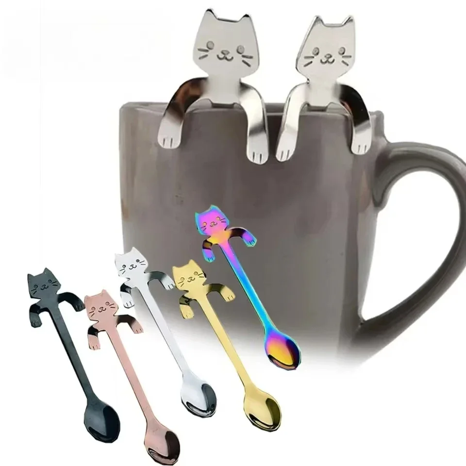 Cat Shape Teaspoon Stainless Steel Coffee Spoon Lovely Cute Dessert Snack Scoop Ice Cream Mini Spoons Tableware Kitchen Tools