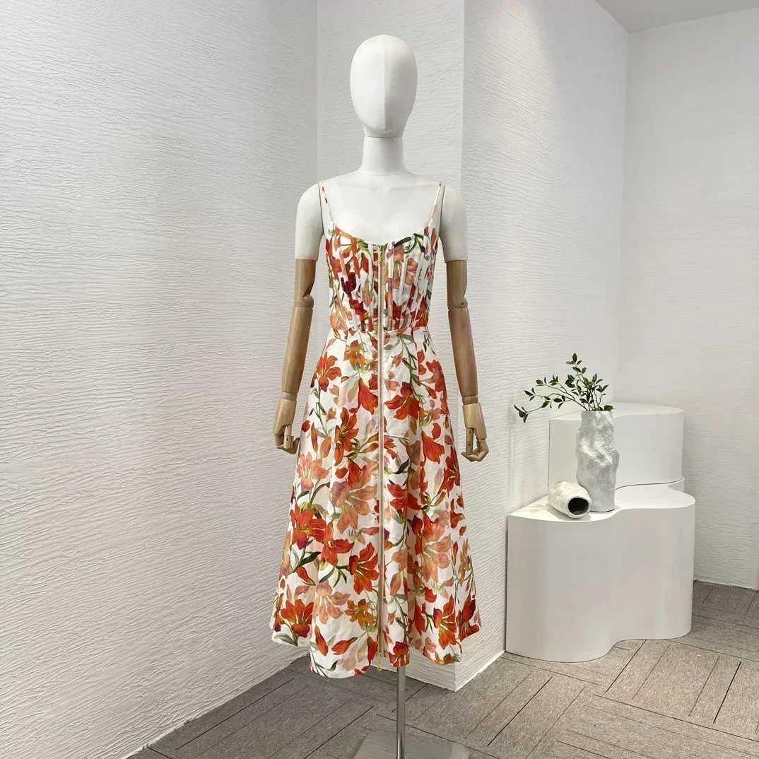 Robe mi-longue rouge à imprimé floral pour femme, robe mi-longue pour les vacances, haute qualité, rétro, fibrisole, fermeture éclair, taille froncée, été, 2024