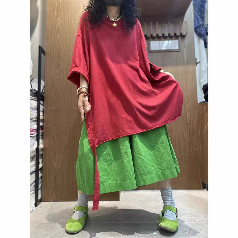 

Летние новые женские свободные топы в стиле искусства с круглым вырезом и короткими рукавами, футболки из 100% хлопка, универсальная повседневная длинная футболка с разрезом по бокам Xt189