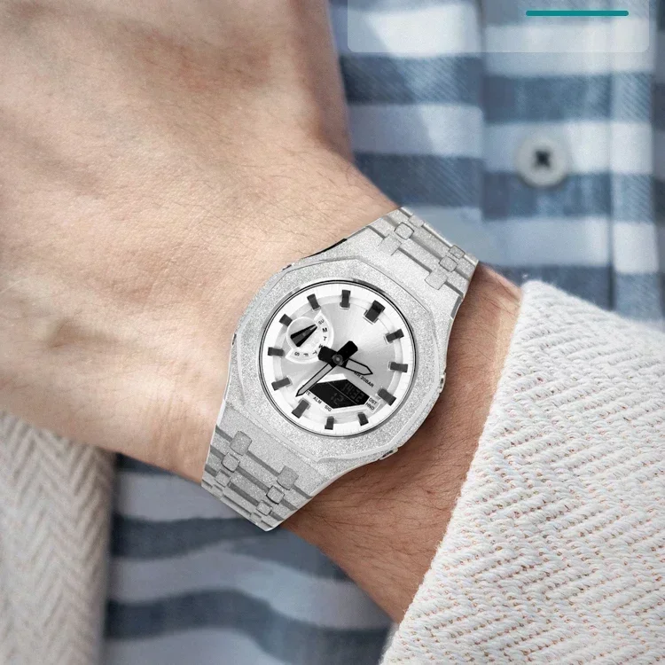 Gen4 طقم عصري لـ Casioak GM2100 حافظة معدنية من الفولاذ المقاوم للصدأ طقم تعديل حزام مطاطي ملحقات Casioak GM-2100 مع المسمار