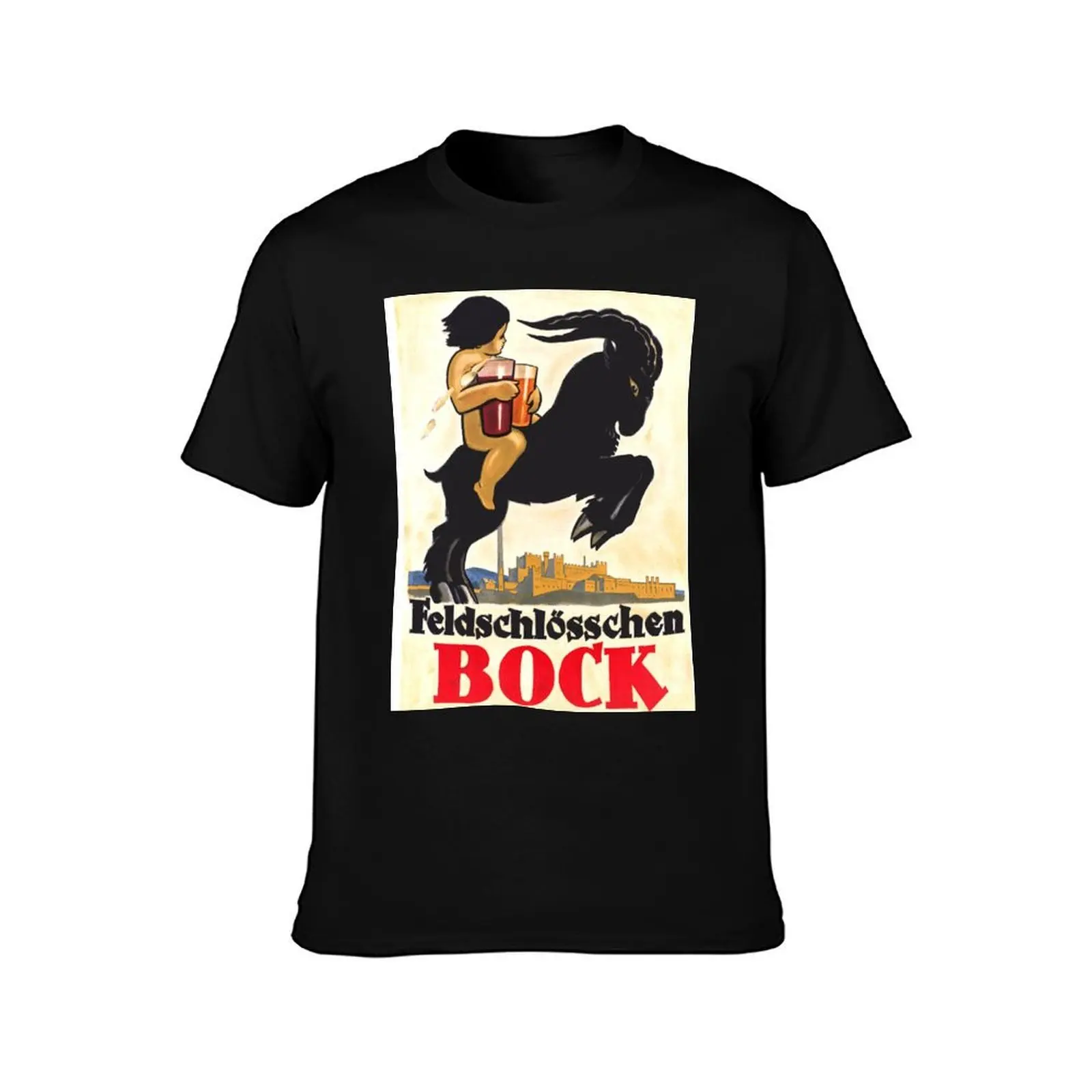 1910 Feldschl?sschen Bock Brewery Beer Advertising Poster T-Shirt, Summer Casual Cotton Tee, Oversized Streetwear Tops