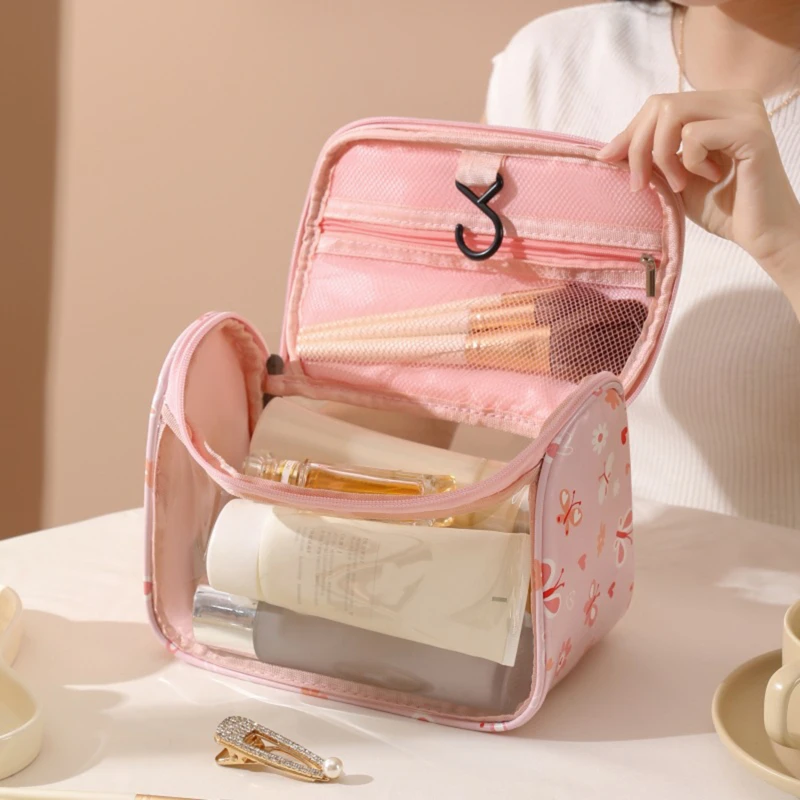 

1Pc Flower Printed Makeup Bag Transparent PU Waterproof Portable Travel Cosmetic Pouch Cute Convenient Toiletries Bag for Women