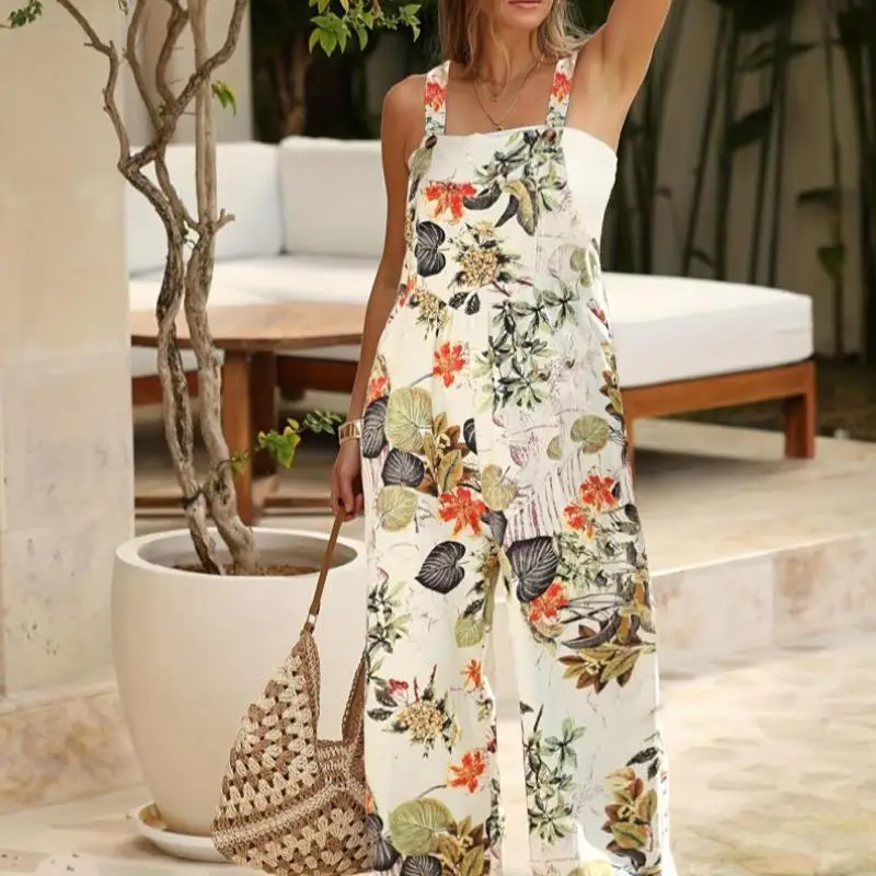 จั๊มพ์สูทลายดอกไม้ทรงหลวมสำหรับผู้หญิง ฤดูใบไม้ผลิ 2026 เอวต่ำ ความยาวห้าส่วน ผ้าฝ้าย กางเกงขายาวแบบไขว้