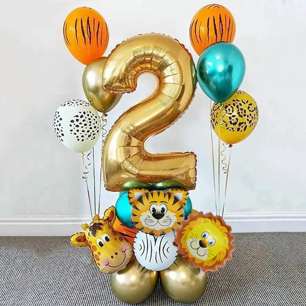 

18pcs Gold Number Animal Foil Balloons 2th Happy Birthday Party Decorations Kids Boy Girl 2nd 2 Year Old Jungle Safari Supplies