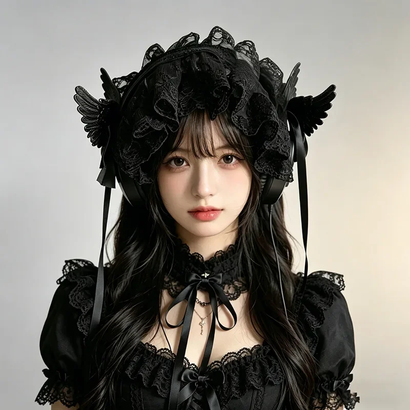 Gothic Angel Wings Maid Bonnet Hairband Lolita Girl Cosplay Costume Accessories Retro Adjustable Ruffles Solid Headwear Women