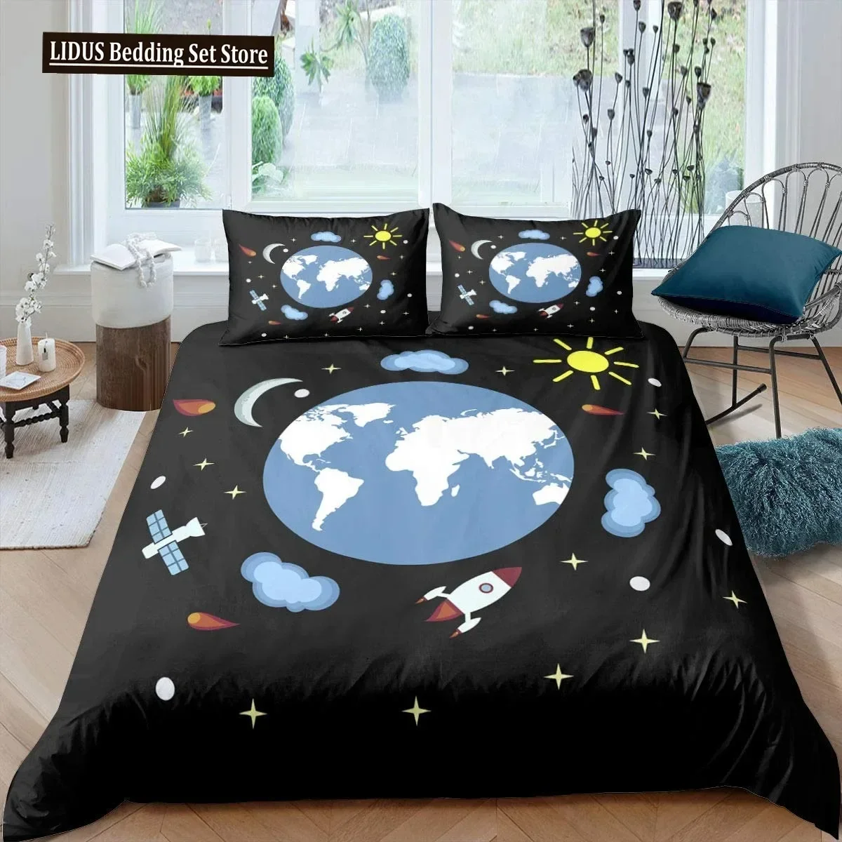 

Rocket Duvet Cover Set Spaceship Bedding Set 3D Print Microfiber Outer Space Galaxy Stars Planet Cartoon Style Quilt Cover