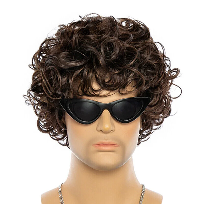 2024 Mens Brown mix Short Curly Synthetic Fiber Hair Wigs Men Daily Wig