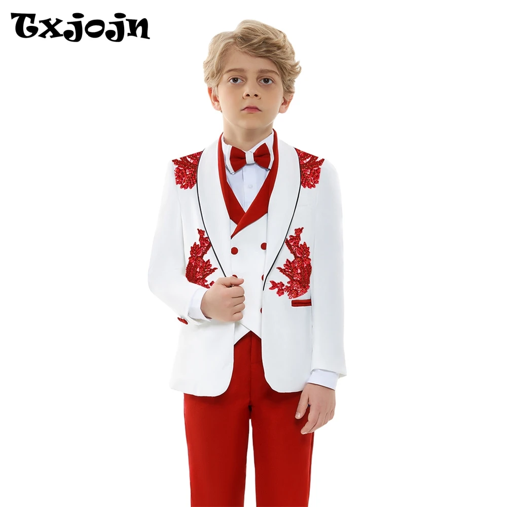 

Christmas Boys Luxury Suit Set 4 Pieces Banquet Party Wear Fashionable Red Shawl Lapel Tuxedo For Kids Children's Elegant Suits