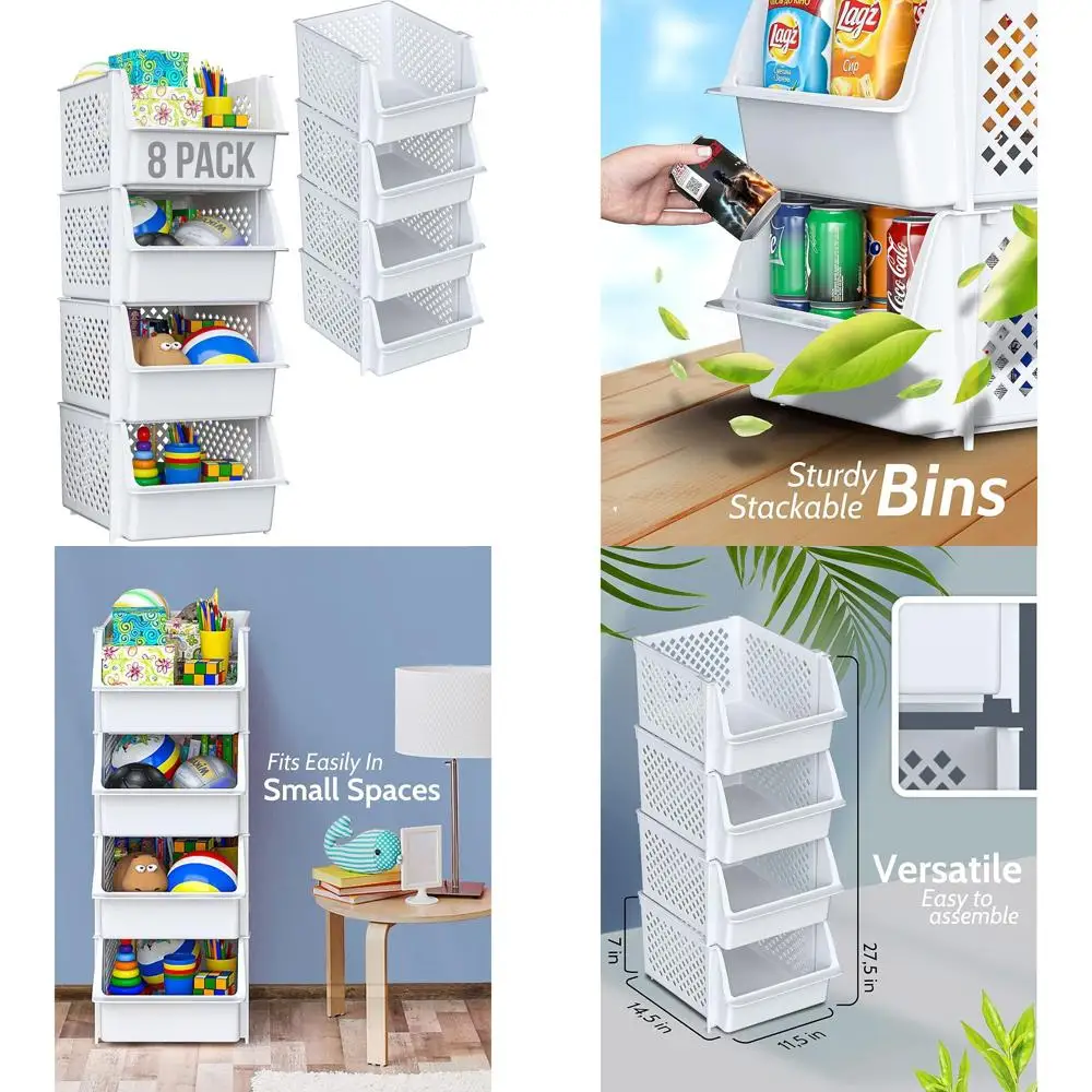 

Stackable Pantry Bins - 8 Pack Ivory Organizers for Kitchen, Food, and Bathroom Supplies