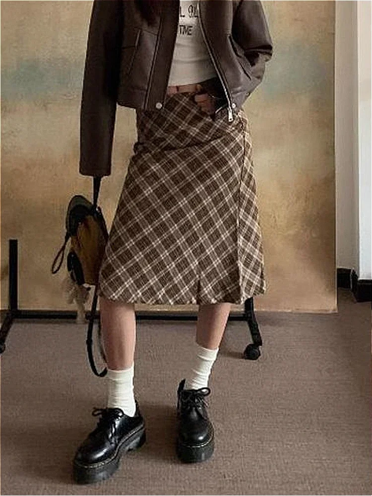 Skirts Women Retro Autumn Chic Daily Y2k All-match American Style Low Waist Faldas Mujer Plaid Knee Length College Basic Stylish