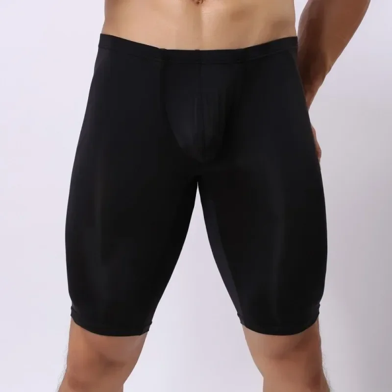 Men Ice Silk Boxer Briefs Ultra-thin Leggings Shapewear Pants Youth Mid Pants See Through Bulge Pouch Hip Lift Breathable Shorts