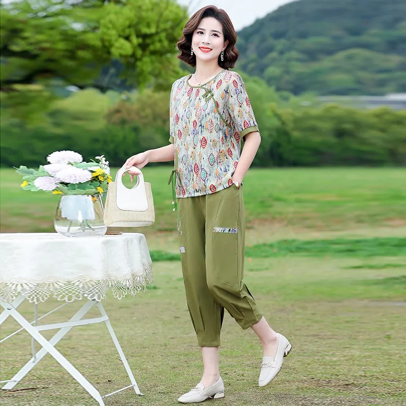 Plus size 2 Piece Sets Women Casual Suits New Summer Vintage Style Floral Print Loose Female Cotton Tops And Ankle-length Pants