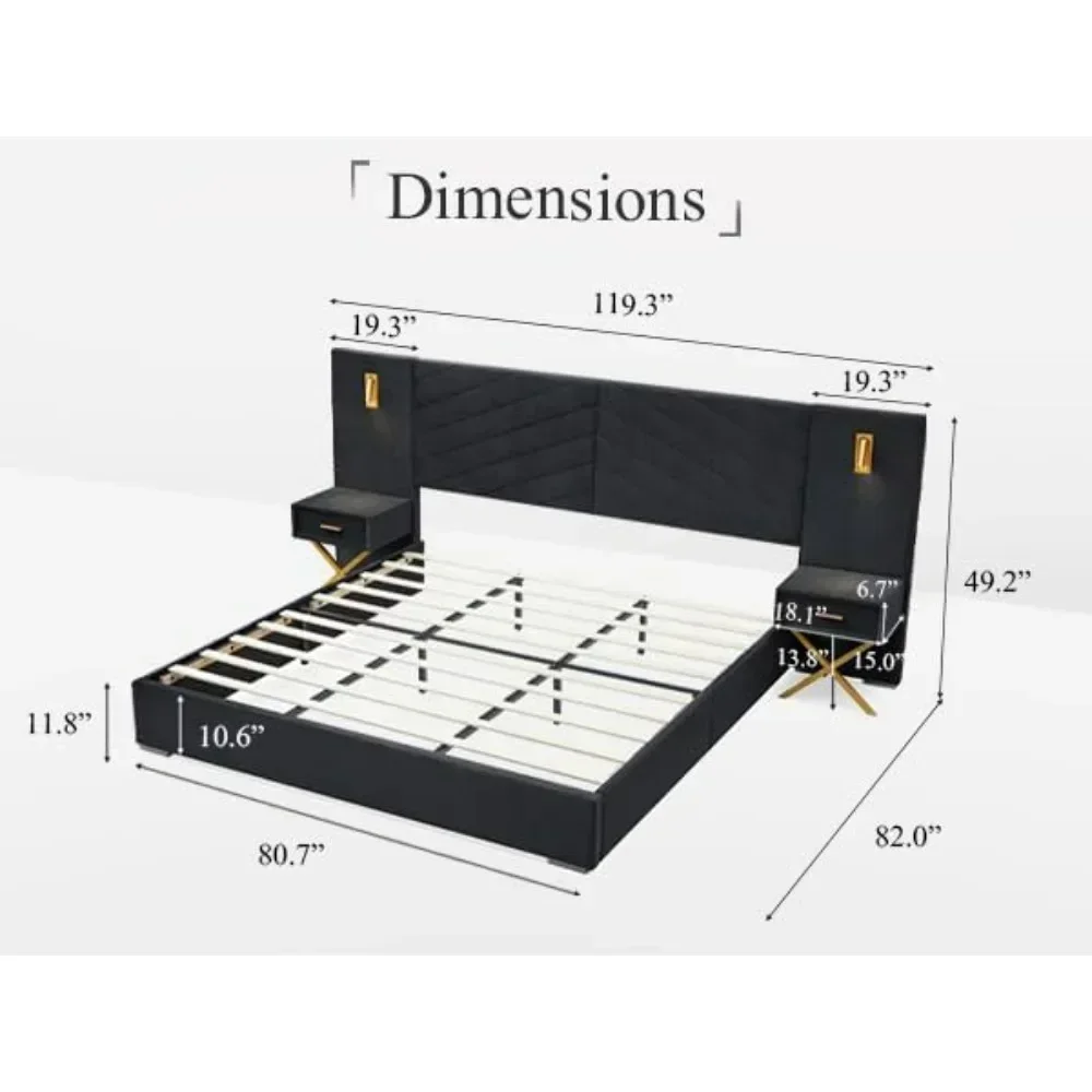 King Bed Frame with Built-in Gold LED Lights and Nightstands, Platform Bed with Upholstered Headboard, No Box Spring Needed