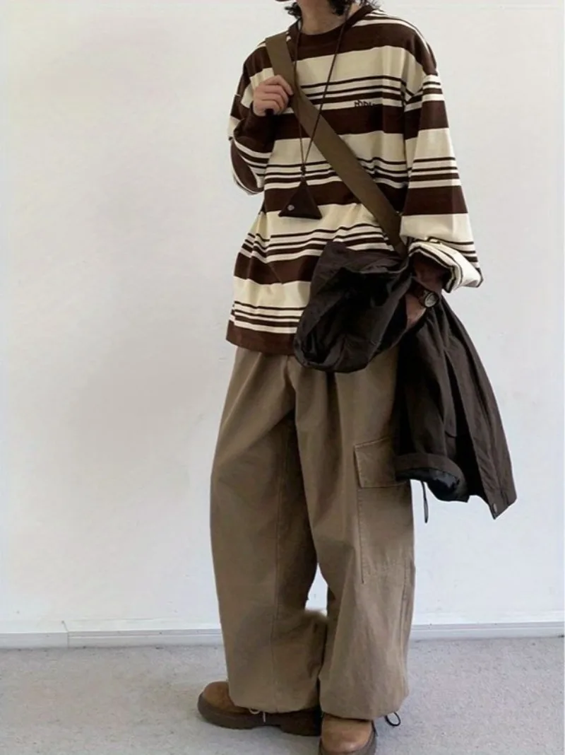 Conjunto de 2 Piezas de Suéter de Punto a Rayas Retro Japonés para Hombre, Estilo Universitario, Corte Holgado, Camiseta Base con Rayas Bretonas