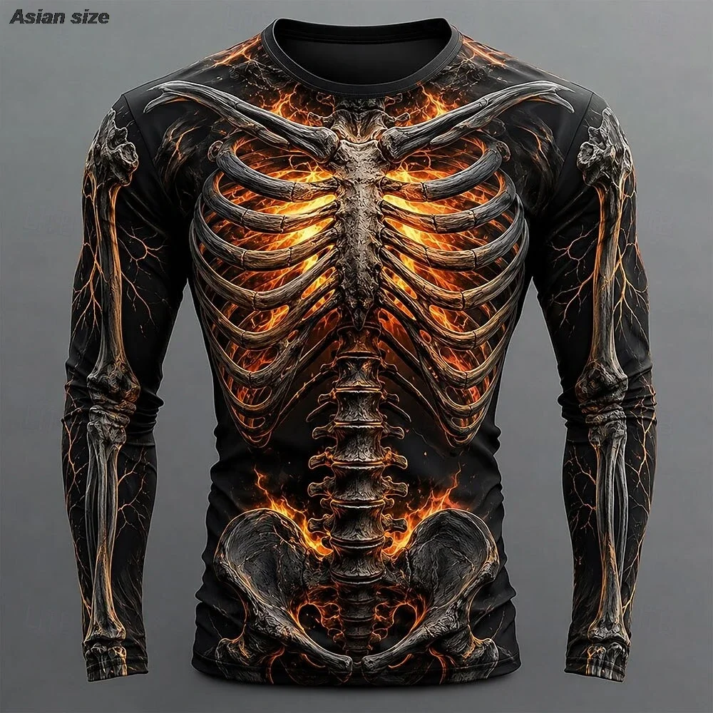 Flame Skeleton Full 3D Print Long Sleeve T-Shirt Unisex Gothic Halloween Graphic Tee Men Women Streetwear Top