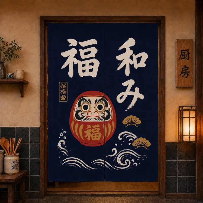 VIKAMA Japanese Noren Hanging Door Curtain Daruma Lucky Doll Print Room Divider Kitchen Entrance Home Restaurant Decor Curtain