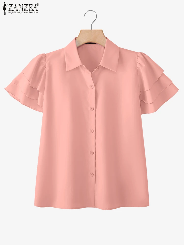 

ZANZEA Women Summer Fashion Shirts Elegant Layered Ruffle Sleeves Button Up Collared Chemises Femme Everyday Casual Solid Tops