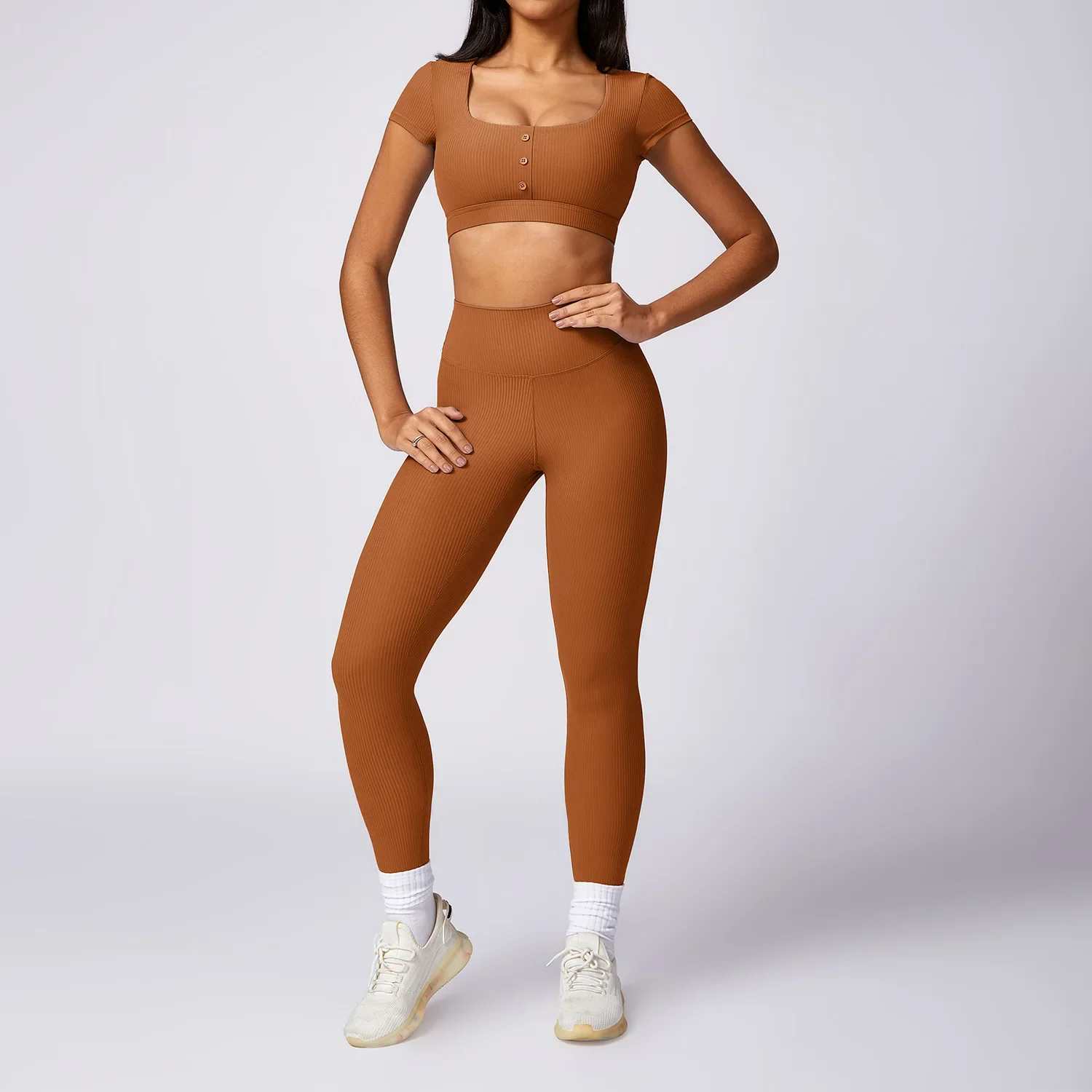 Yoga Set 2PCS Ribbed Women Sportswear Workout Clothes Athletic Wear Gym Legging Fitness Bra Crop Top Short Sleeved Sports Suits