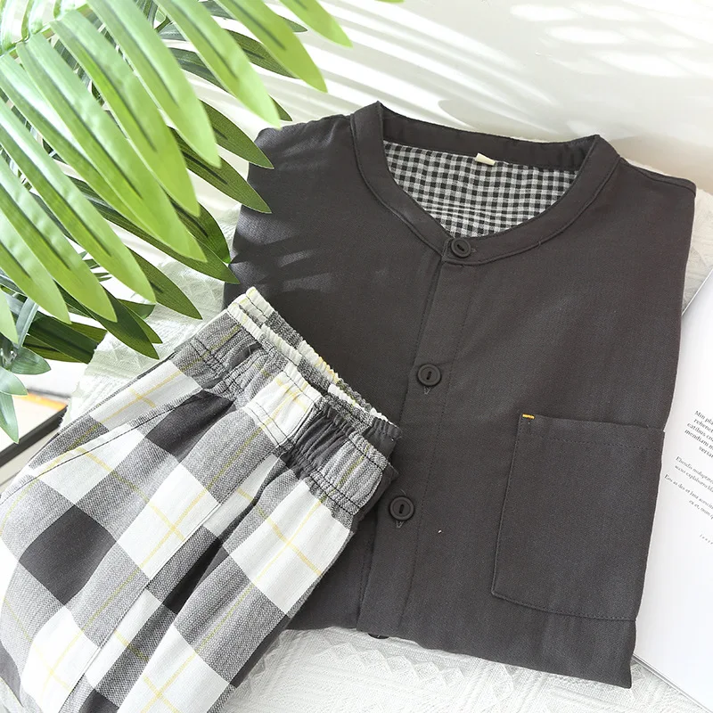 Minimalist Plaid Men‘s Double Gauze Cotton Pajama Set, Long Sleeve Button-Down & Relaxed Fit, Breathable Lightweight All-Season