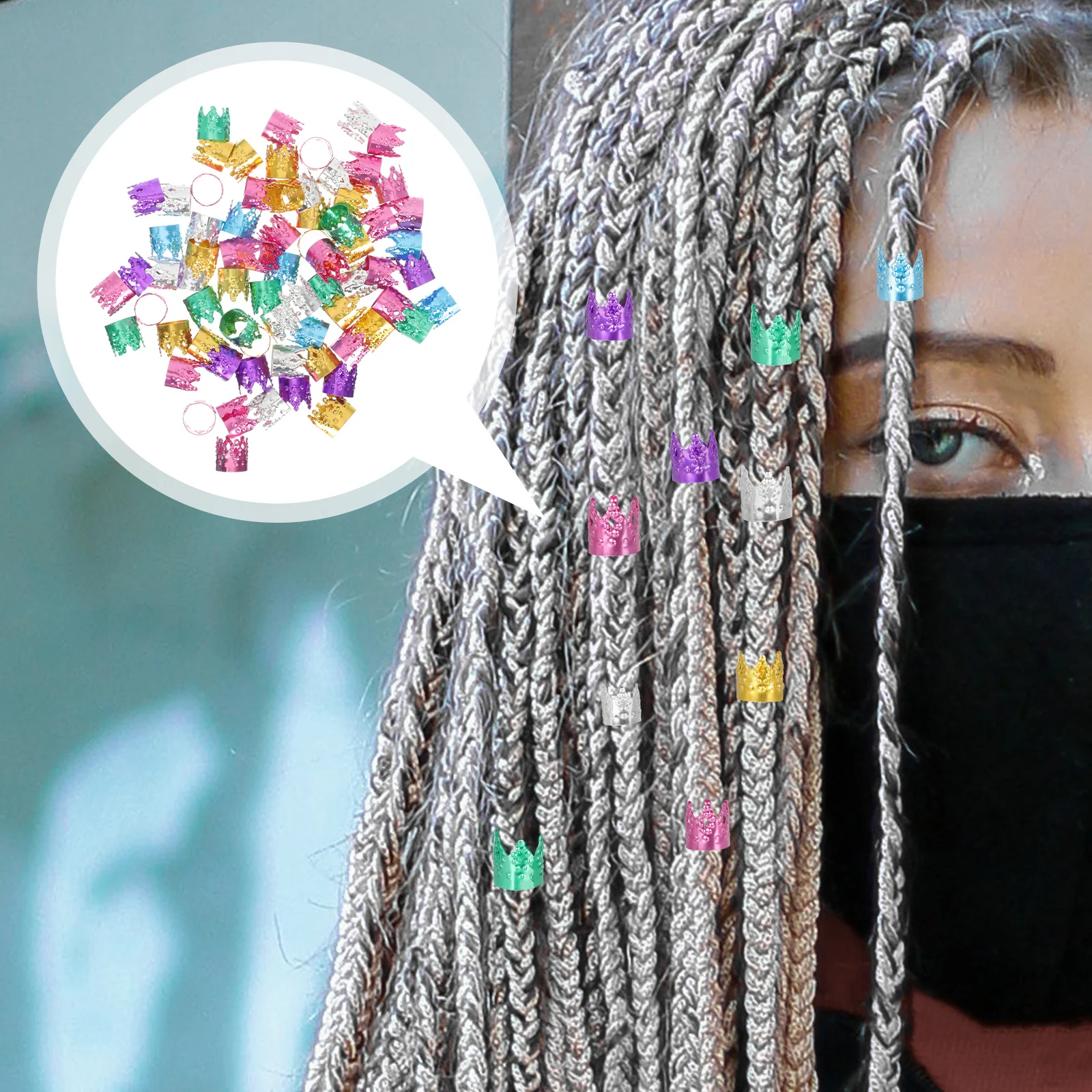 

100pcs Hair Dreadlocks Rings Rings Dreadlocks Cuffs Crown Shape Metal Extension Reusable Black Aluminum Braid Tools