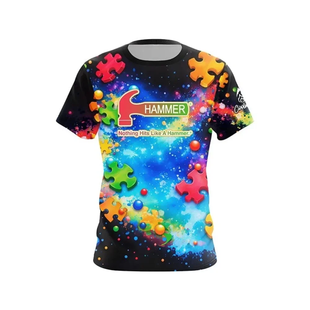 Summer Men Hammer Motivational Text Split Color Bowling Jersey Short Sleeve Performance Sports Tee