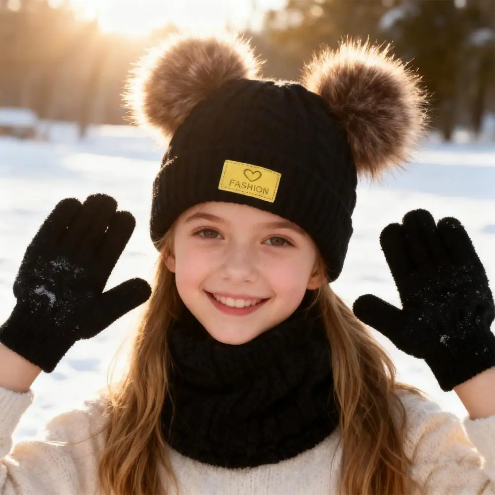 دافئ الاطفال الشتاء قبعة قفازات الاطفال الشتاء طقم قبعات الاطفال الشتاء قبعة وشاح قفازات مجموعة مع أفخم بوم بومس الدافئة محبوك الصوف بطانة #3