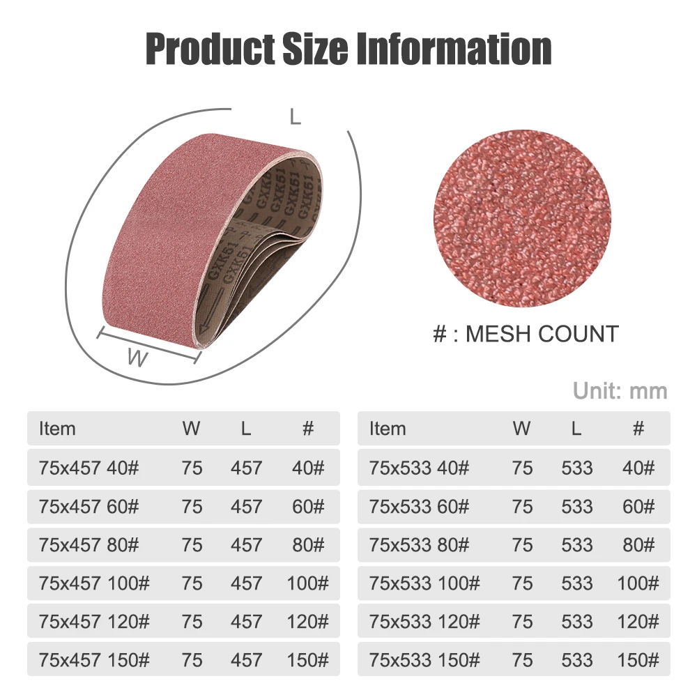HAMPTON Polishing Tool 5pcs Sanding Band Set 40/60/80/120/150 Grit Sander Grinding 75x457mm 75x533mm Sanding Belts