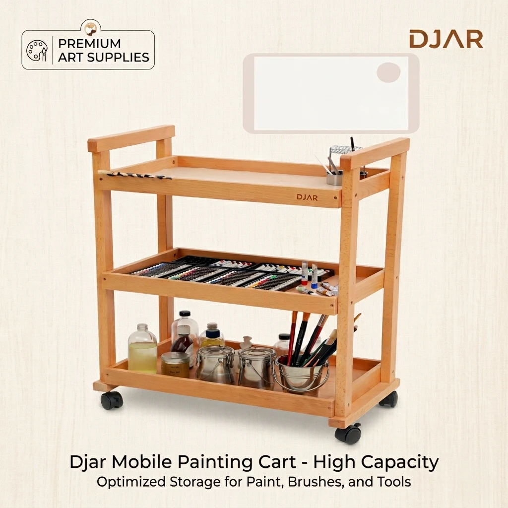 DJAR 3-Tier Rolling Art Supplies Cart for Artists, Silicone Pad, Natural