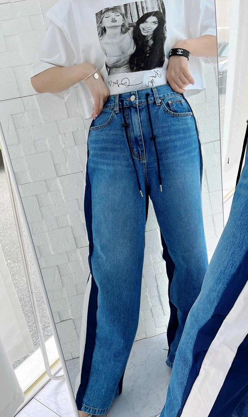 

Женские синие джинсы на шнуровке с вертикальной полоской и цветными блоками на эластичной талии Спортивные свободные широкие брюки в американском стиле Y2k с высокой талией