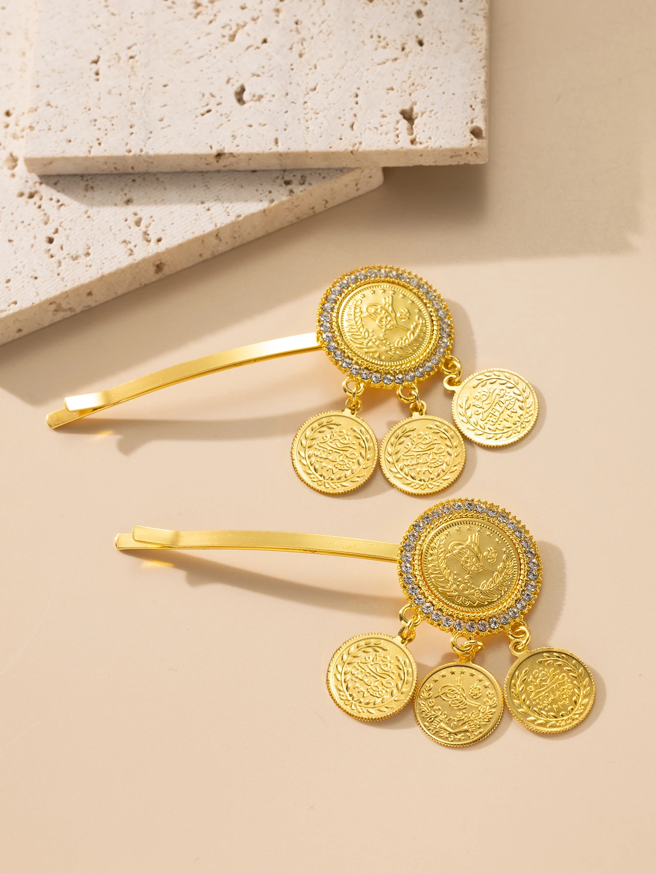 Gold Plated Turkish Arabic Totem Coin Hair Clip - Women\'s Muslim Wedding Hair Jewelry Accessory Headpiece