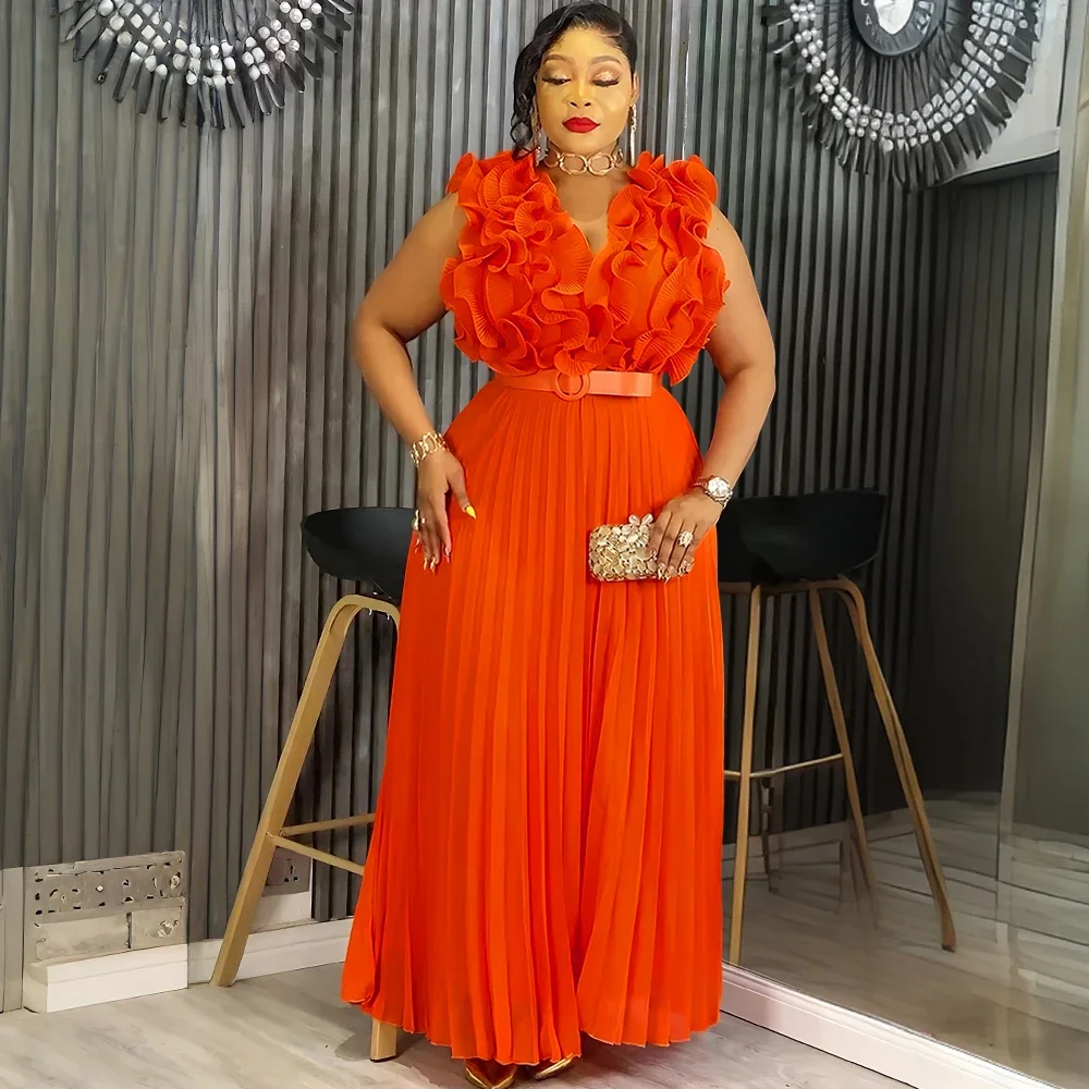 

Elegant African Dresses for Women 2025 New Fashion Sleeveless Chiffon Maxi Robe Plus Size Turkey Evening Party Long Dress