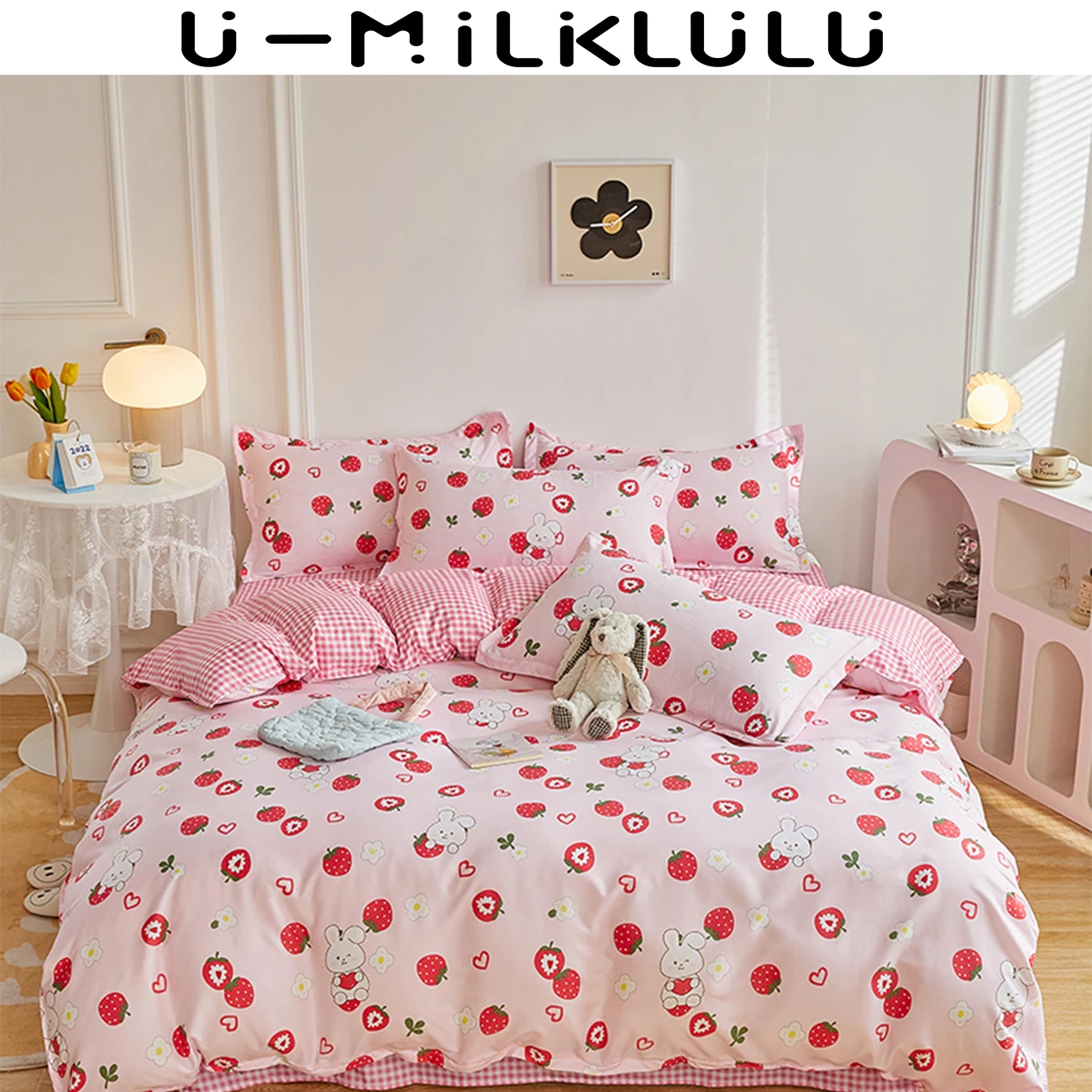 Strawberry Rabbit Cartoon Comforter Queen King Bedding Set Bed Sheets and Pillowcases Luxury Bedding Simple Pink Duvet Cover Set